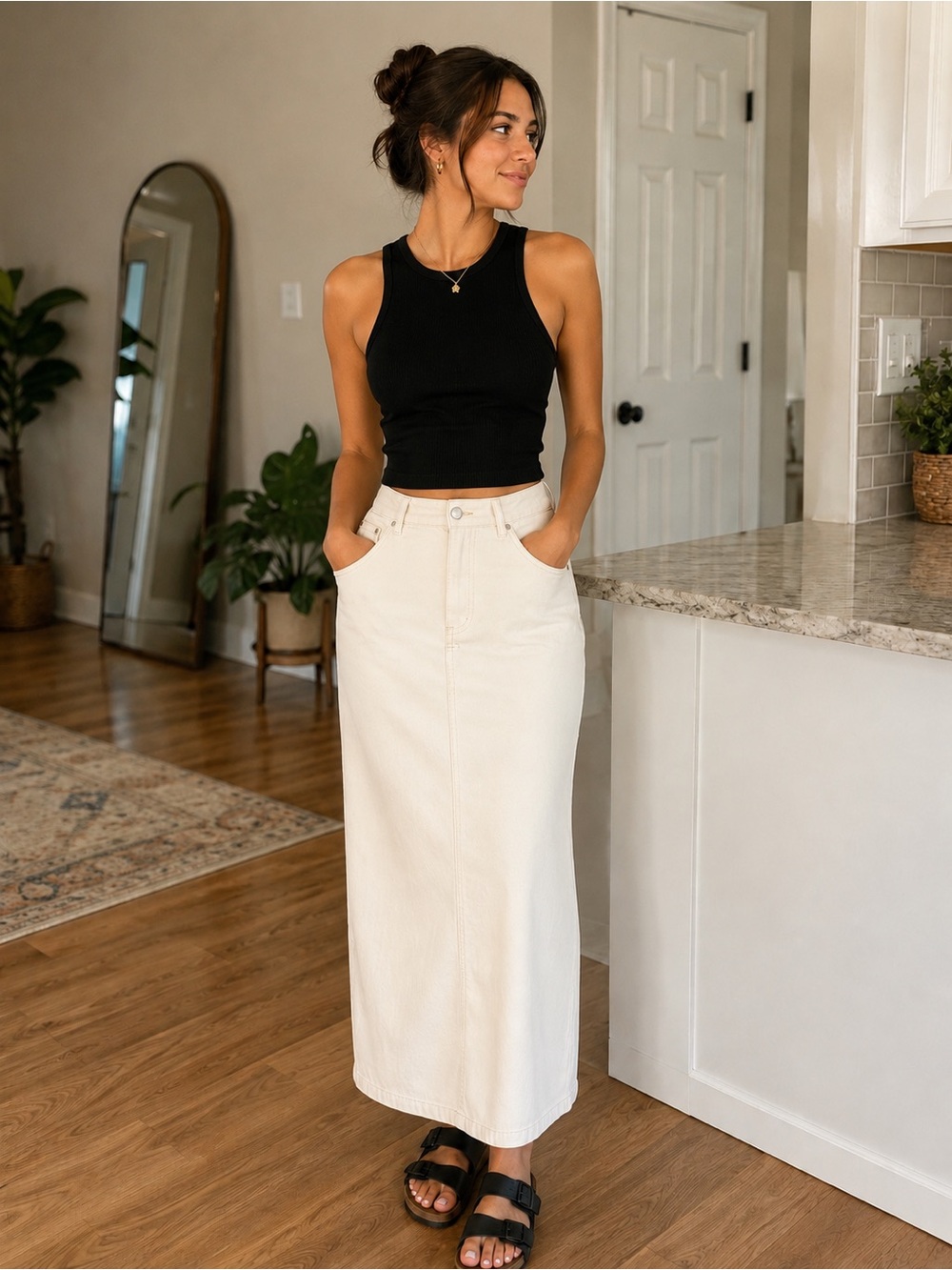 White Denim Skirt with Front Seam & Belt Loops for Curves